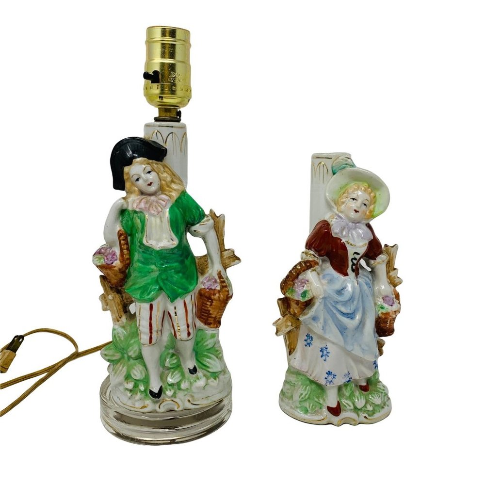 Vintage Ceramic Male & Female Couple Lamps Colonial Light Bases